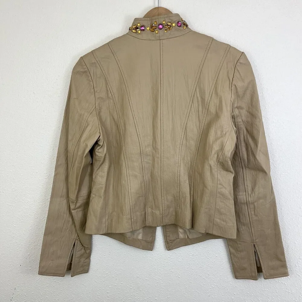 Venus Vintage Y2K Leather Jacket Womens M Beige Sequin Beaded Collarless Zip